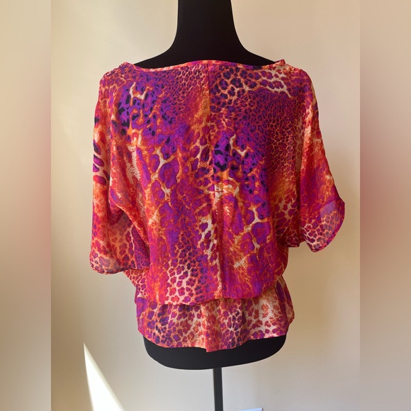Epique Moi Size M Sheer Top Peplum Abstract Multicolor 100% Polyester V Neck - Picture 2 of 7